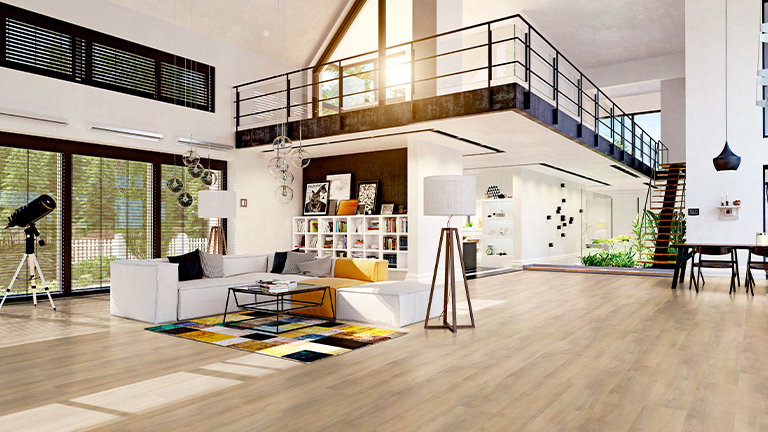 Raumszene, Wohnzimmer, Galerie, Sofa, Bodenbelag