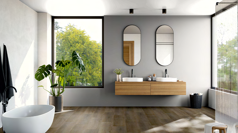 Raumszene, Spiegel, Fenster, Bodenbelag, Wanne