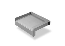 Quadratische, graue Schublade ohne Griff vor Weiß.