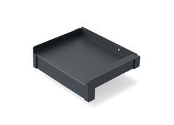 Quadratische anthrazitfarbene Schublade ohne Griff vor Weiß.