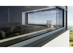 Fenstereckfront mit Einsicht ins Wohnzimmer. Außen mit eleganter Alufensterbank