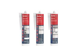 Produktabbildung dreier Acryl-Dichtstoffe von fischer (Texture AC, Paint AC, Multi AC) in Kartuschenform für Fugen- und Anschlussabdichtungen im Innenbereich.