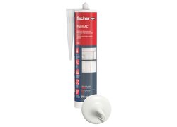 Produktabbildung des fischer Paint AC Maleracryls (310 ml Kartusche) in weiß mit Farbdarstellung. Überstreichbarer Acryl-Dichtstoff für Anschlussfugen und Risse im Innen- und Außenbereich, speziell für Malerarbeiten geeignet.