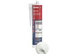 Produktabbildung des fischer Multi AC Acryl-Dichtstoffs (310 ml Kartusche) in weiß mit Farbdarstellung. Universal-Acryl-Dichtstoff für Anschlussfugen und Risse im Innenbereich, überstreichbar und haftstark auf mineralischen Untergründen.