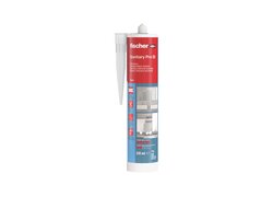 Produktabbildung des fischer Sanitary Pro SI Sanitärsilikons in einer 310 ml Kartusche. Speziell entwickelt für den Einsatz im Sanitärbereich, insbesondere für Fugen in Duschkabinen, Badewannen und Waschbecken.