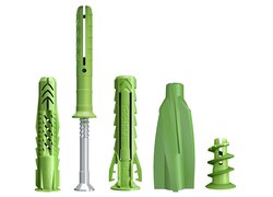 Mehrere grüne Kunststoffdübel und Befestigungslösungen von fischer auf hellem Hintergrund dargestellt.