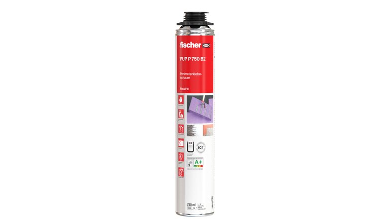 Freigestellte Produktabbildung des fischer PUP P 750 B2 Perimeterklebeschau (750 ml). PU-Klebeschau zum Fixieren und Füllen, speziell für Perimeterdämmung und Sockelbereiche geeignet, mit wärmedämmenden Eigenschaften und hoher Haftkraft.