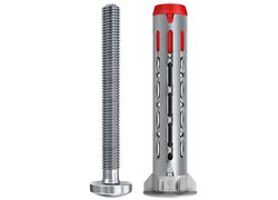 Die Abbildung zeigt den fischer DuoHM Hohlraum-Metalldübel mit passender Schraube. Der Dübel kombiniert Metall- und Kunststoffkomponenten und eignet sich für sichere Befestigungen in Gipskartonplatten, Gipsfaserplatten und anderen Plattenbaustoffen. Die Montage erfolgt schnell und materialschonend.