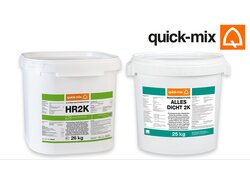 Zwei weiße Eimer von quick-mix: links HR2K 26 kg, rechts ALLES DICHT 2K 25 kg – Abdichtungsprodukte für Bauwerksabdichtung.