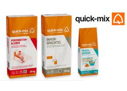 Drei Bauprodukte von quick-mix: Porenbetonkleber, Innenspachtel und Trasszement.