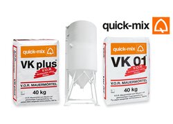 Zwei Säcke V.O.R. Mauermörtel und ein weißer Silo von quick-mix.