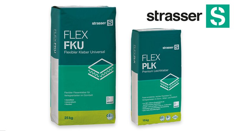 ChatGPT:  Das Bild zeigt zwei Produkte der Marke Strasser: den "FLEX FKU Universal Fliesenkleber" in der 25 kg Packung und den "FLEX PLK Premium Leichtkleber" in der 15 kg Packung.
