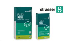 ChatGPT:  Das Bild zeigt zwei Produkte der Marke Strasser: den "FLEX FKU Universal Fliesenkleber" in der 25 kg Packung und den "FLEX PLK Premium Leichtkleber" in der 15 kg Packung.