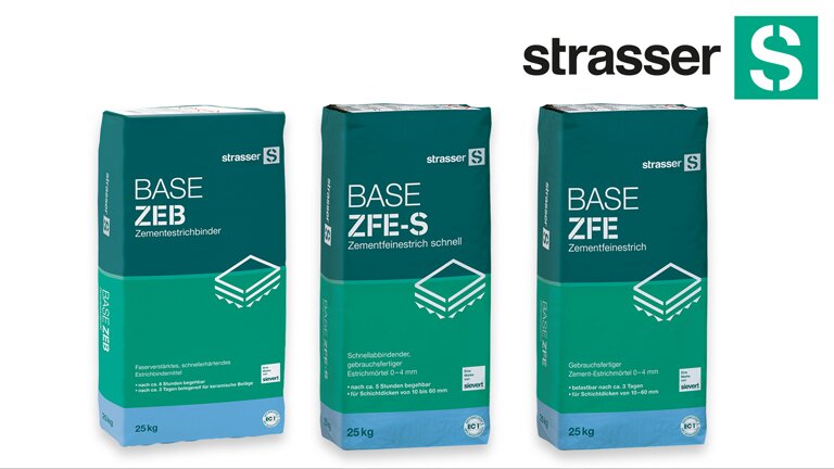 Drei Strasser-Säcke für Estrichprodukte vor weißem Hintergrund, daneben das Strasser-Logo. | © Produktbild Stasser Zementestriche
