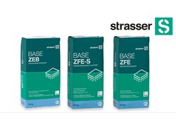 Drei Strasser-Säcke für Estrichprodukte vor weißem Hintergrund, daneben das Strasser-Logo. | © Produktbild Stasser Zementestriche