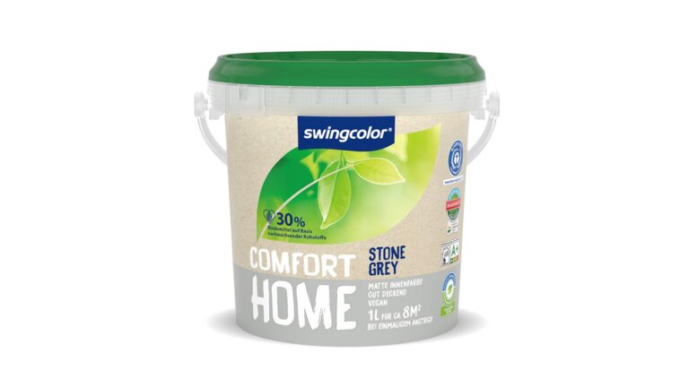 Eimer von Swingcolor "Comfort Home" matte Innenfarbe in einem Behälter mit grünem Deckel. Die Farbe ist "Stone Grey" und gut deckend. Sie ist vegan, mit 1 Liter reicht sie für ca. 8 m² bei einem Anstrich.