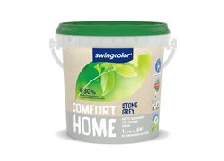 Eimer von Swingcolor "Comfort Home" matte Innenfarbe in einem Behälter mit grünem Deckel. Die Farbe ist "Stone Grey" und gut deckend. Sie ist vegan, mit 1 Liter reicht sie für ca. 8 m² bei einem Anstrich.