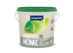 Das Bild zeigt einen 2,5-Liter-Eimer von Swingcolor "Comfort Home" matte Innenfarbe in einem Behälter mit grünem Deckel. Die Farbe ist "Soft Olive", gut deckend und vegan. Mit einem Inhalt von 2,5 Litern reicht sie für etwa 20 m² bei einem Anstrich. 