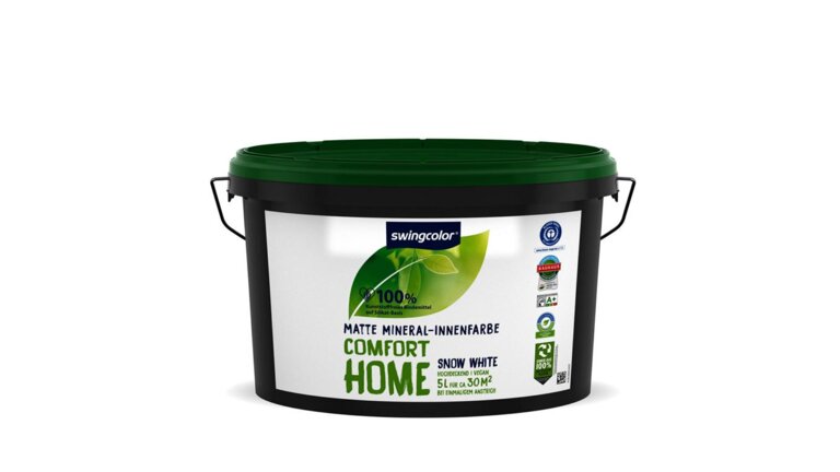 5-Liter-Eimer von Swingcolor "Comfort Home" matte Mineral-Innenfarbe in einem Behälter mit grünem Deckel. Die Farbe ist "Snow White" und bietet eine hohe Deckkraft, ist vegan und deckt bis zu 30 m² bei einem Anstrich.