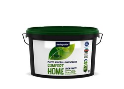 5-Liter-Eimer von Swingcolor "Comfort Home" matte Mineral-Innenfarbe in einem Behälter mit grünem Deckel. Die Farbe ist "Snow White" und bietet eine hohe Deckkraft, ist vegan und deckt bis zu 30 m² bei einem Anstrich.
