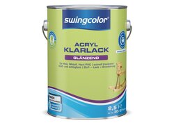 2,5 l Dose swingcolor Acryl-Klarlack glänzend, wasserbasiert, geeignet für Holz, Metall und Hart-PVC, stoß- und schlagfest, schnell trocknend, als 2in1 Lack + Grundierung für Innen- und Außenbereich, mit „Blauer Engel“-Umweltzeichen.