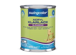 125 ml Dose swingcolor Acryl-Klarlack glänzend, wasserbasiert, geeignet für Holz, Metall und Hart-PVC, stoß- und schlagfest, schnell trocknend, als 2in1 Lack + Grundierung für Innen- und Außenbereich, mit „Blauer Engel“-Umweltzeichen.