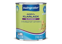 750 ml Dose swingcolor Acryl-Klarlack glänzend, wasserbasiert, geeignet für Holz, Metall und Hart-PVC, stoß- und schlagfest, schnell trocknend, als 2in1 Lack + Grundierung für Innen- und Außenbereich, mit „Blauer Engel“-Umweltzeichen.