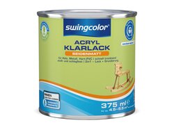 375 ml Dose swingcolor Acryl-Klarlack seidenmatt, wasserbasiert, geeignet für Holz, Metall und Hart-PVC, stoß- und schlagfest, schnell trocknend, als 2in1 Lack + Grundierung für Innen- und Außenbereich, mit „Blauer Engel“-Umweltzeichen.