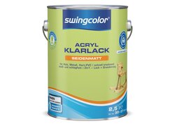 2,5 l Dose swingcolor Acryl-Klarlack seidenmatt, wasserbasiert, geeignet für Holz, Metall und Hart-PVC, stoß- und schlagfest, schnell trocknend, als 2in1 Lack + Grundierung für Innen- und Außenbereich, mit „Blauer Engel“-Umweltzeichen.