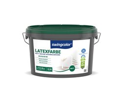  2,5-Liter-Eimer matt-weißer Latexfarbe der Marke Swingcolor, geeignet für Wohnräume, mit hoher Deckkraft und einer Reichweite von ca. 17,5-20 m², sowie Umweltfreundlichkeits- und Qualitätskennzeichnungen.