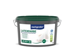 Bild zeigt einen 5-Liter-Eimer matt-weißer Latexfarbe der Marke Swingcolor, geeignet für Wohnräume, mit hoher Deckkraft und Reichweite von 35-40 m², sowie Umweltfreundlichkeits- und Qualitätskennzeichnungen.