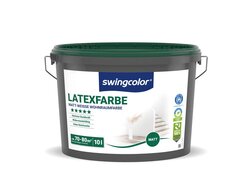  10-Liter-Eimer matt-weißer Latexfarbe der Marke Swingcolor, geeignet für Wohnräume, mit hoher Deckkraft und einer Reichweite von ca. 70-80 m², sowie Umweltfreundlichkeits- und Qualitätskennzeichnungen.