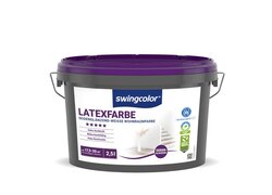 2,5-Liter-Eimer von Swingcolor Latexfarbe, verpackt in einem dunkelvioletten Eimer. Auf dem Etikett sind mehrere Merkmale der Farbe hervorgehoben, darunter "Seidenglanzend-Weisse Wohnraumfarbe", "Hohe Deckkraft", "Widerstandsfähig", und eine geschätzte Reichweite von etwa 17,5-20 m² pro Eimer.