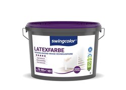 10-Liter-Eimer von Swingcolor Latexfarbe, gestaltet in einem dunkelvioletten Eimer. Auf dem Etikett sind die Produkteigenschaften wie "Seidenglanzend-Weisse Wohnraumfarbe", "Hohe Deckkraft", "Widerstandsfähig", und "Hohe Reichweite" angegeben, mit einer geschätzten Abdeckung von etwa 70-80 m² pro Anstrich.