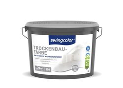 10-Liter-Eimer von Swingcolor Trockenbau-Farbe, der in einem grauen Eimer verpackt ist. Auf dem Etikett sind die Eigenschaften der Farbe angegeben, wie "Matt-Weisse Wohnraumfarbe", "Grundierung und Innenwandfarbe in einem", "Höchste Deckkraft", "Atmungsaktiv", und eine ungefähre Reichweite von 70 m² pro Eimer.
