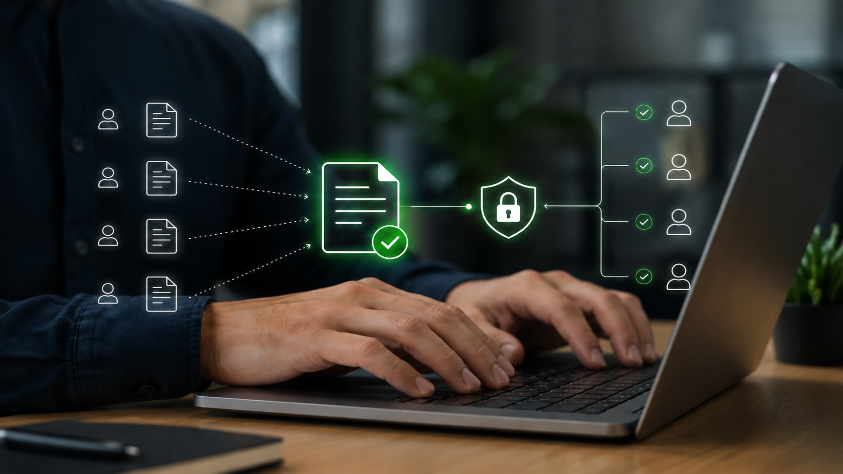 Hände tippen auf einem Laptop, daneben schematische Darstellung von Dokumenten, die sicher überprüft und verteilt werden.
