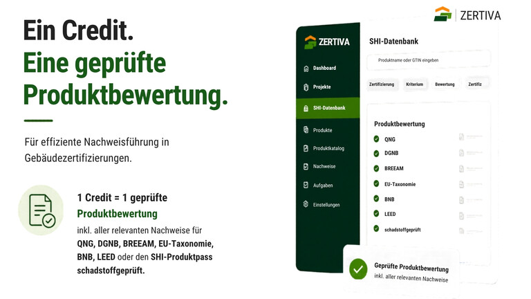 ZERTIVA zeigt geprüfte Produktbewertungen für Gebäudezertifizierungen.