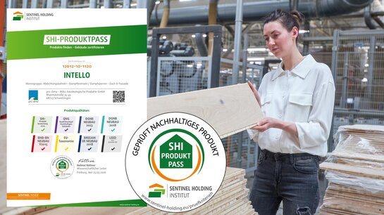Frau inspiziert Bauplatten, SHI-Produktpass mit dem SHI-Produktpass-Siegel sichtbar