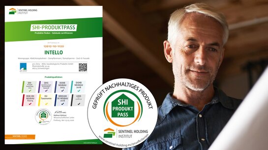Mann inspiziert Bauplan, SHI-Produktpass mit dem SHI-Produktpass-Siegel sichtbar