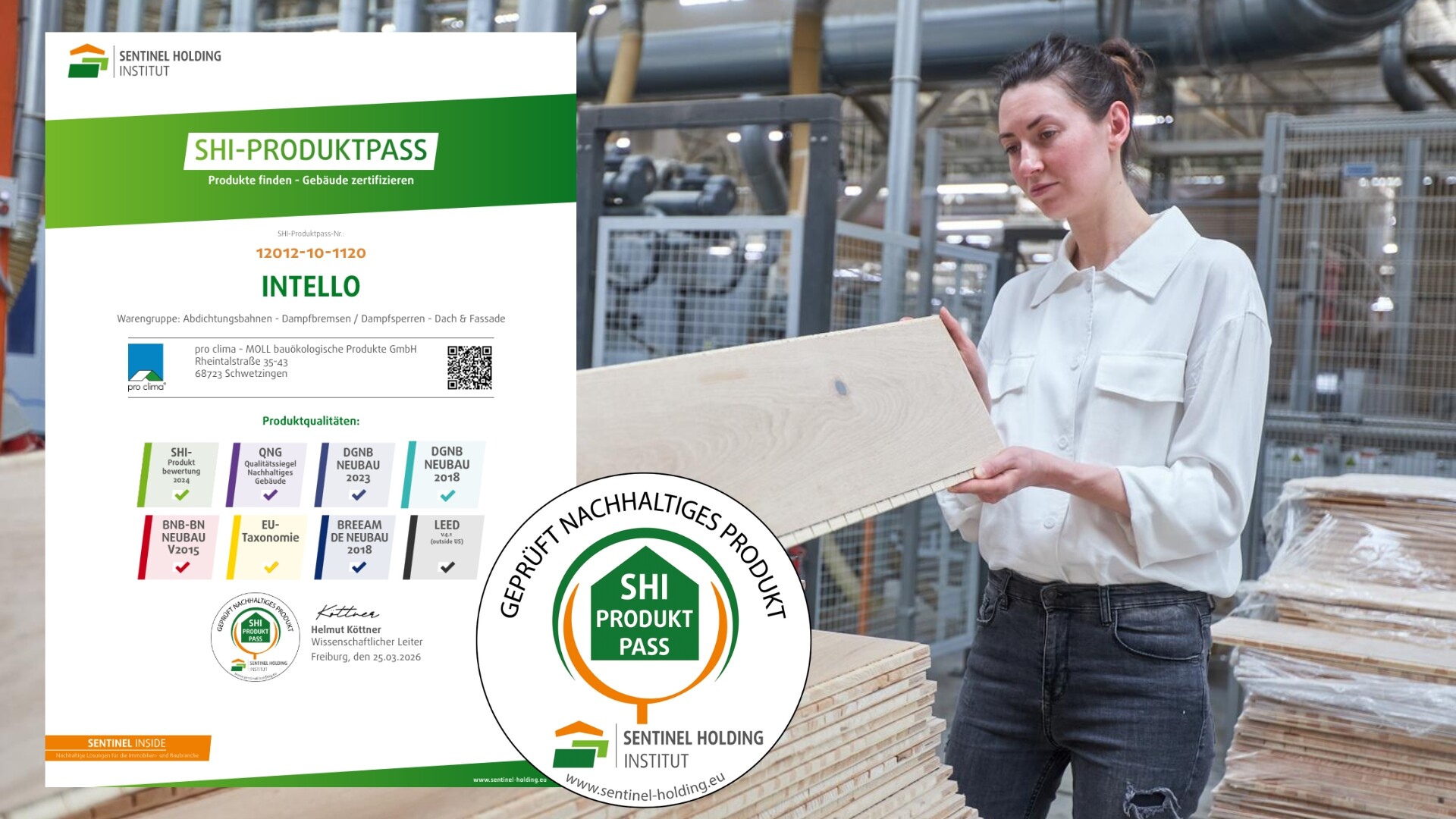 Links ist der SHI-Produktpass eingeblendet und rechts ist eine Frau mit Bauplatte in der Hand