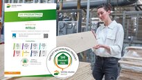 Links ist der SHI-Produktpass eingeblendet und rechts ist eine Frau mit Bauplatte in der Hand